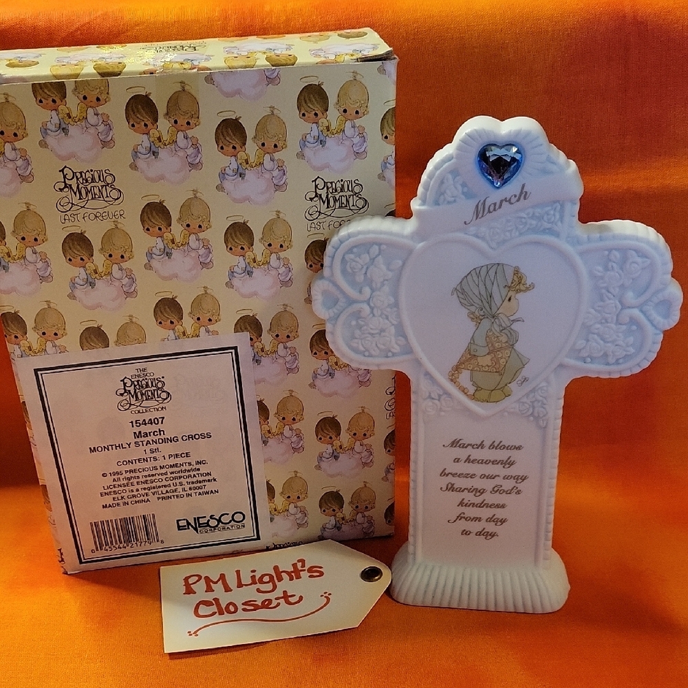 Precious Moments March Standing Cross with Heart Accent Aquamarine Stone